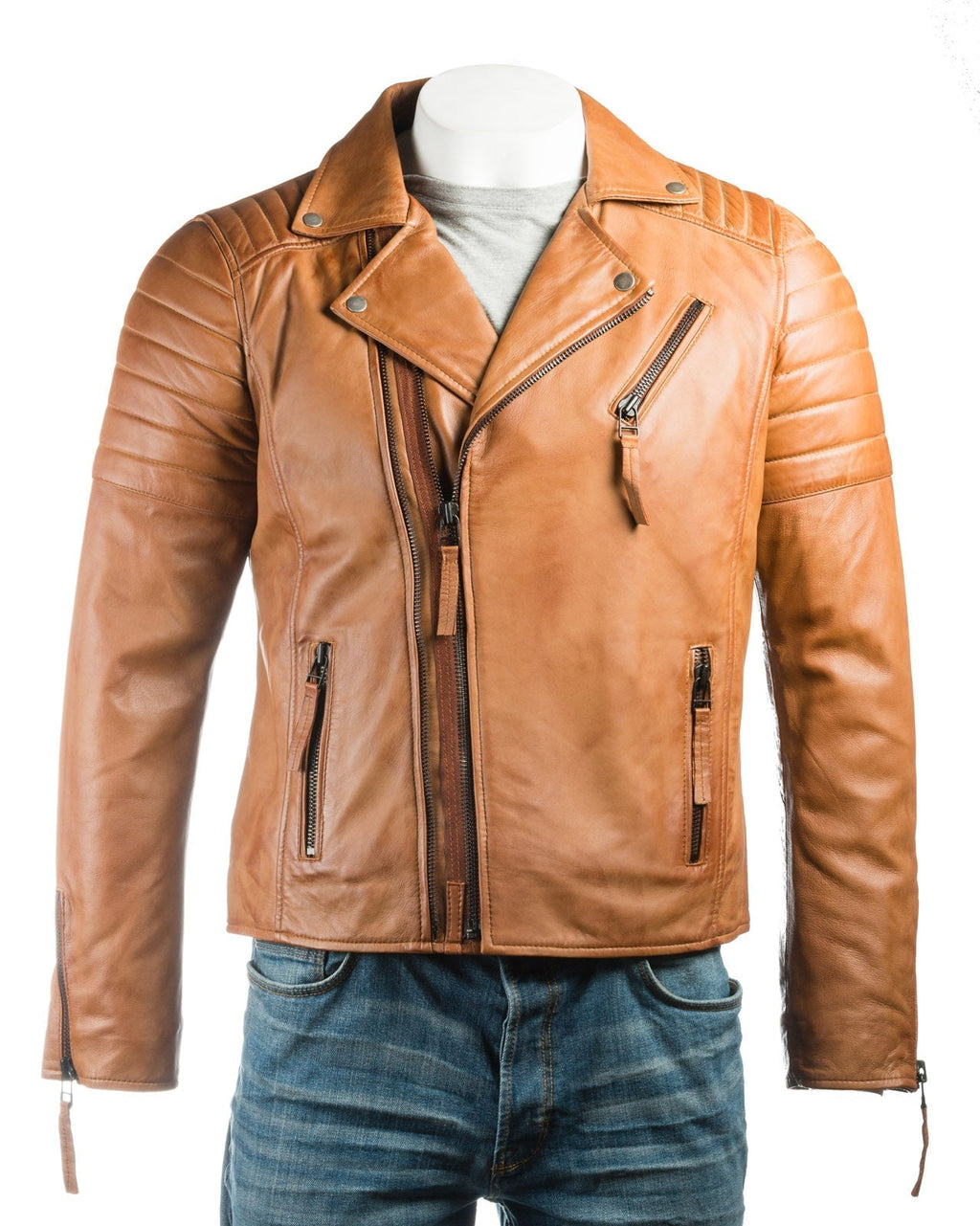 Men's Tan Vintage Look Biker Style Leather Jacket: Placido