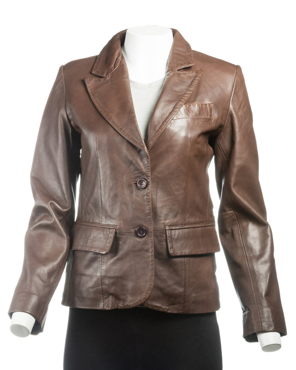 Ladies Tan Short Two Button Leather Blazer: Bella