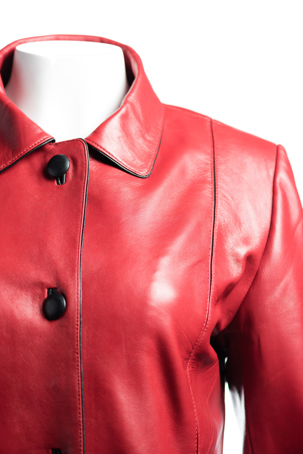 Ladies Red Contrast Buttoned Leather Jacket: Cassandra