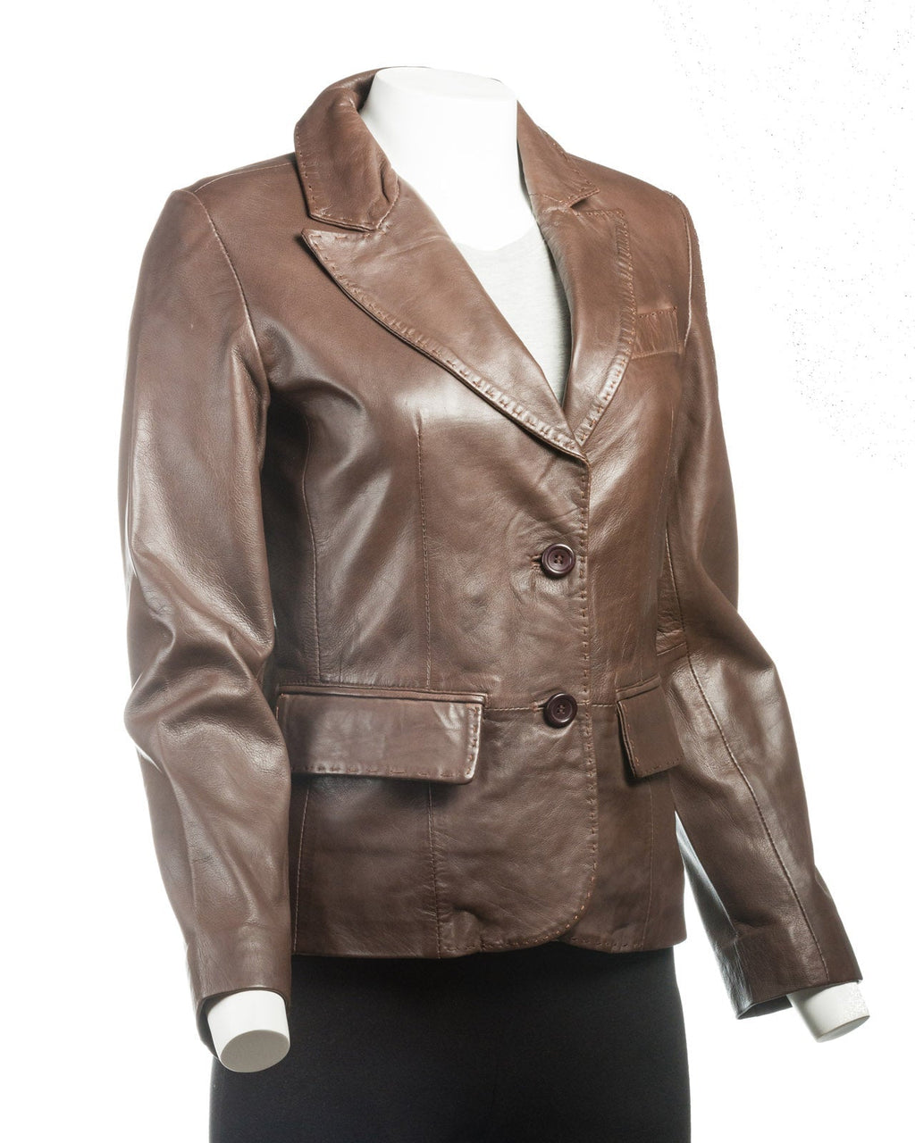 Ladies Tan Short Two Button Leather Blazer: Bella