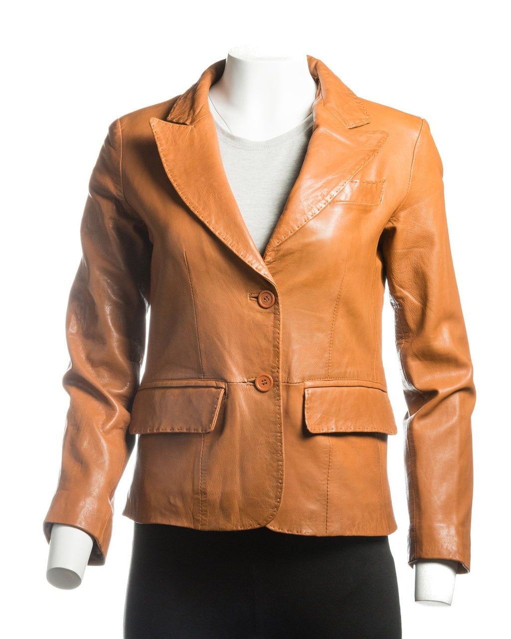 Ladies Tan Short Two Button Leather Blazer: Bella