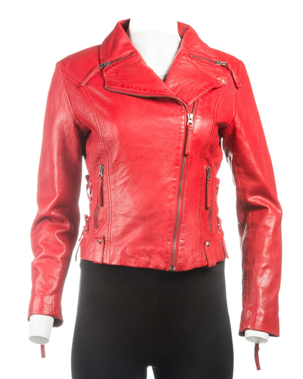 Ladies Red Corset Detail Slim Fit Biker Style Leather Jacket: Francesca