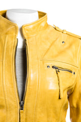 Ladies Yellow Tab Collar Biker Style Leather Jacket: Anastasia