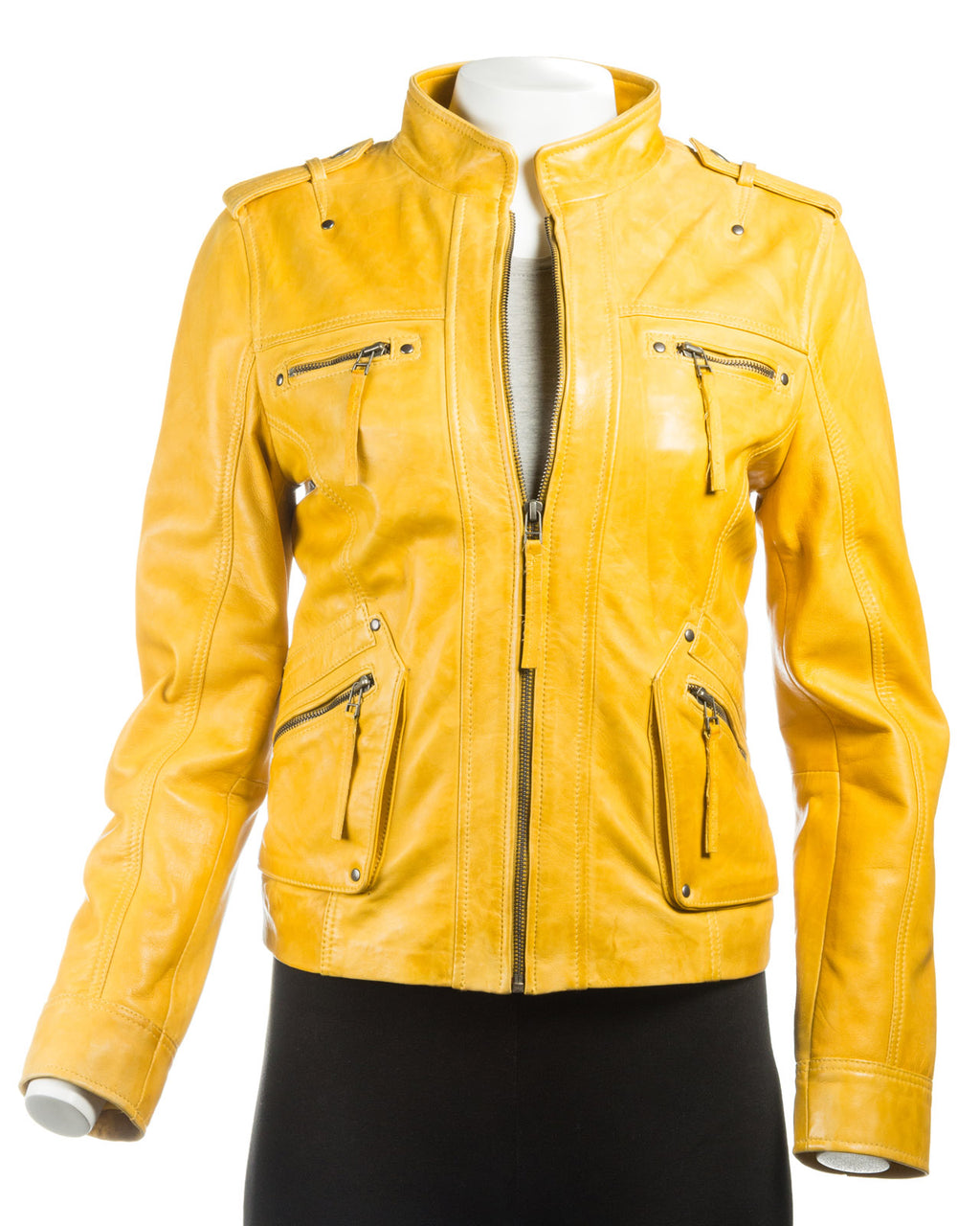 Ladies Yellow Tab Collar Biker Style Leather Jacket: Anastasia