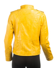 Ladies Yellow Tab Collar Biker Style Leather Jacket: Anastasia