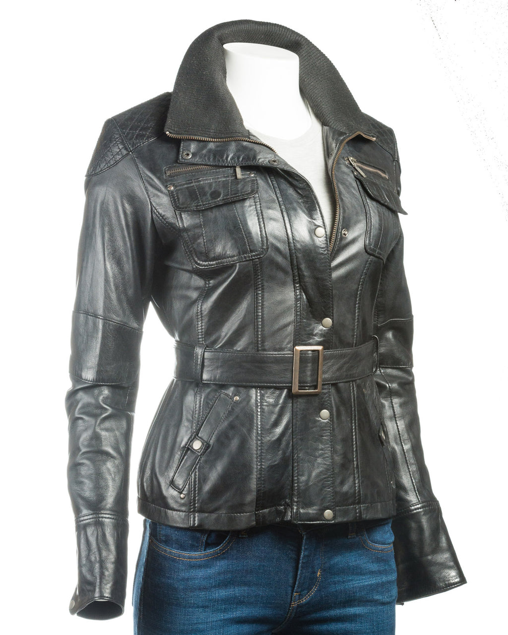 Ladies Belted Biker Style Leather Jacket: Celia