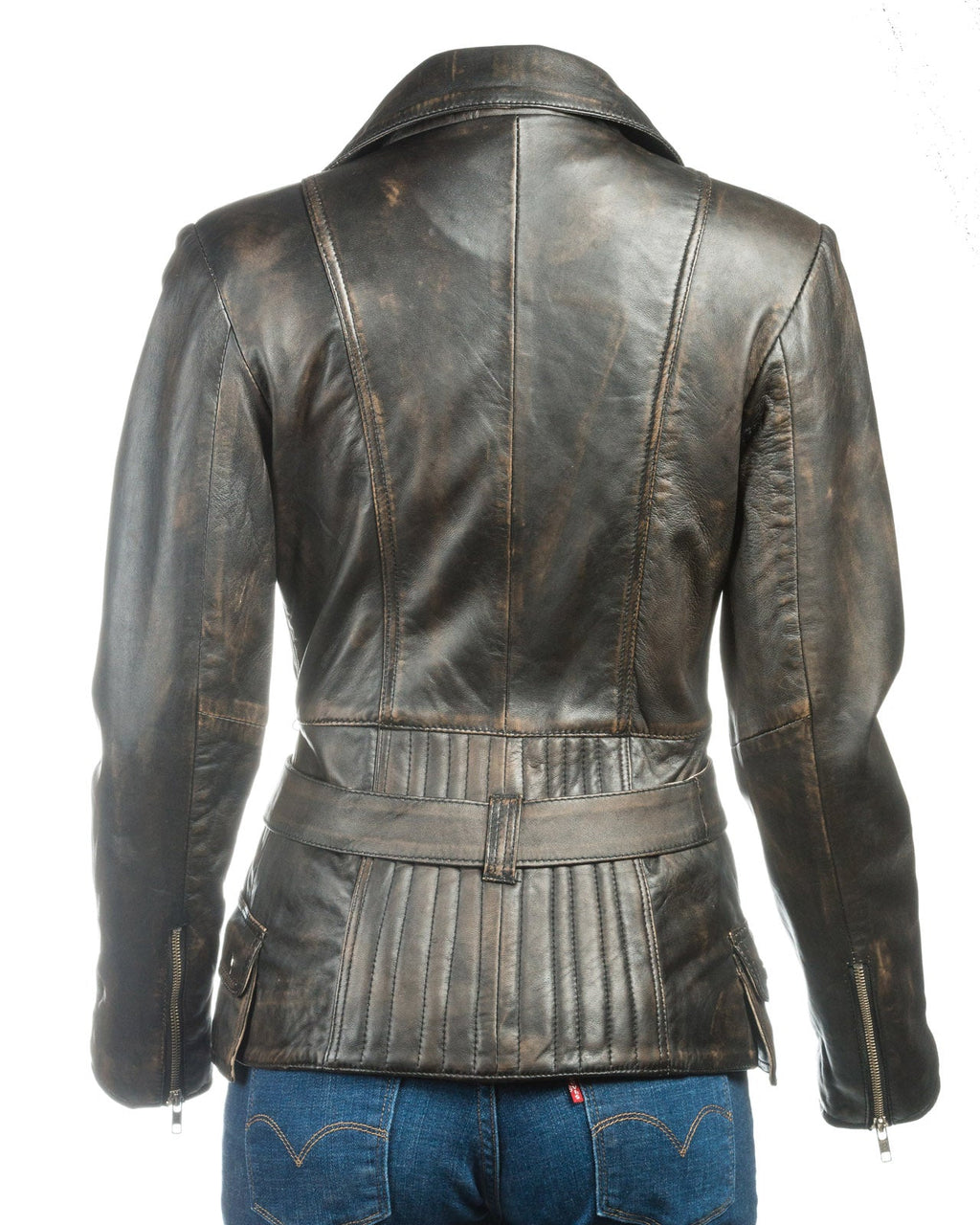 Ladies Antique Black Belted Asymmetric Biker Style Leather Jacket: Aurora