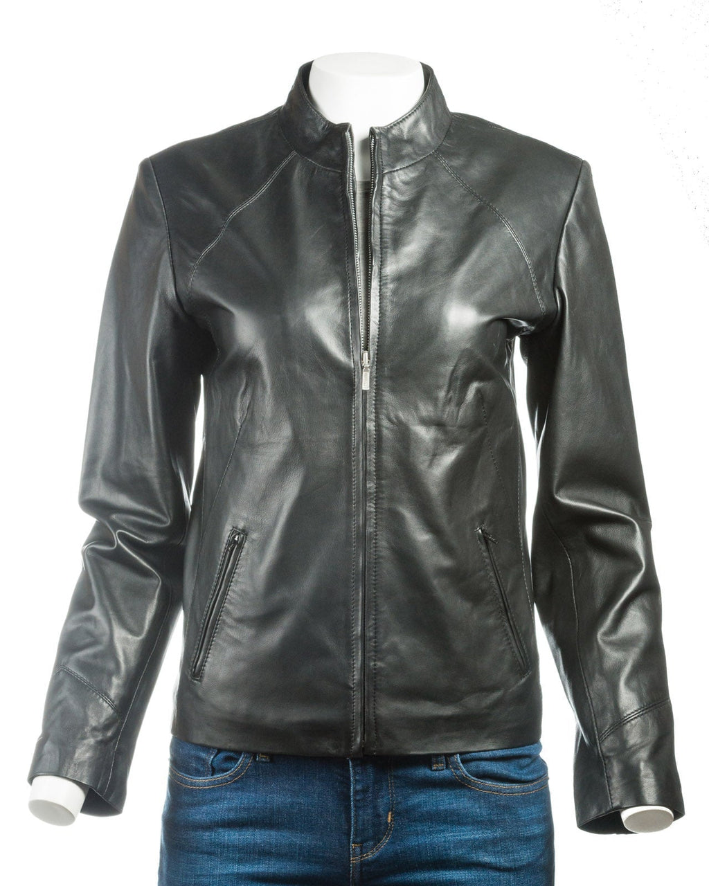 Ladies Stone Plain Short Zipped Leather Jacket: Angelina