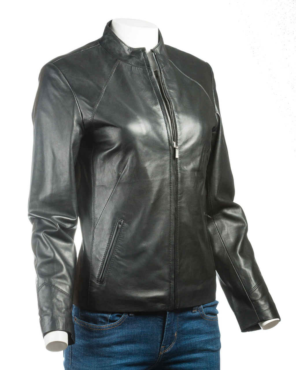 Ladies Black Plain Short Zipped Leather Jacket: Angelina