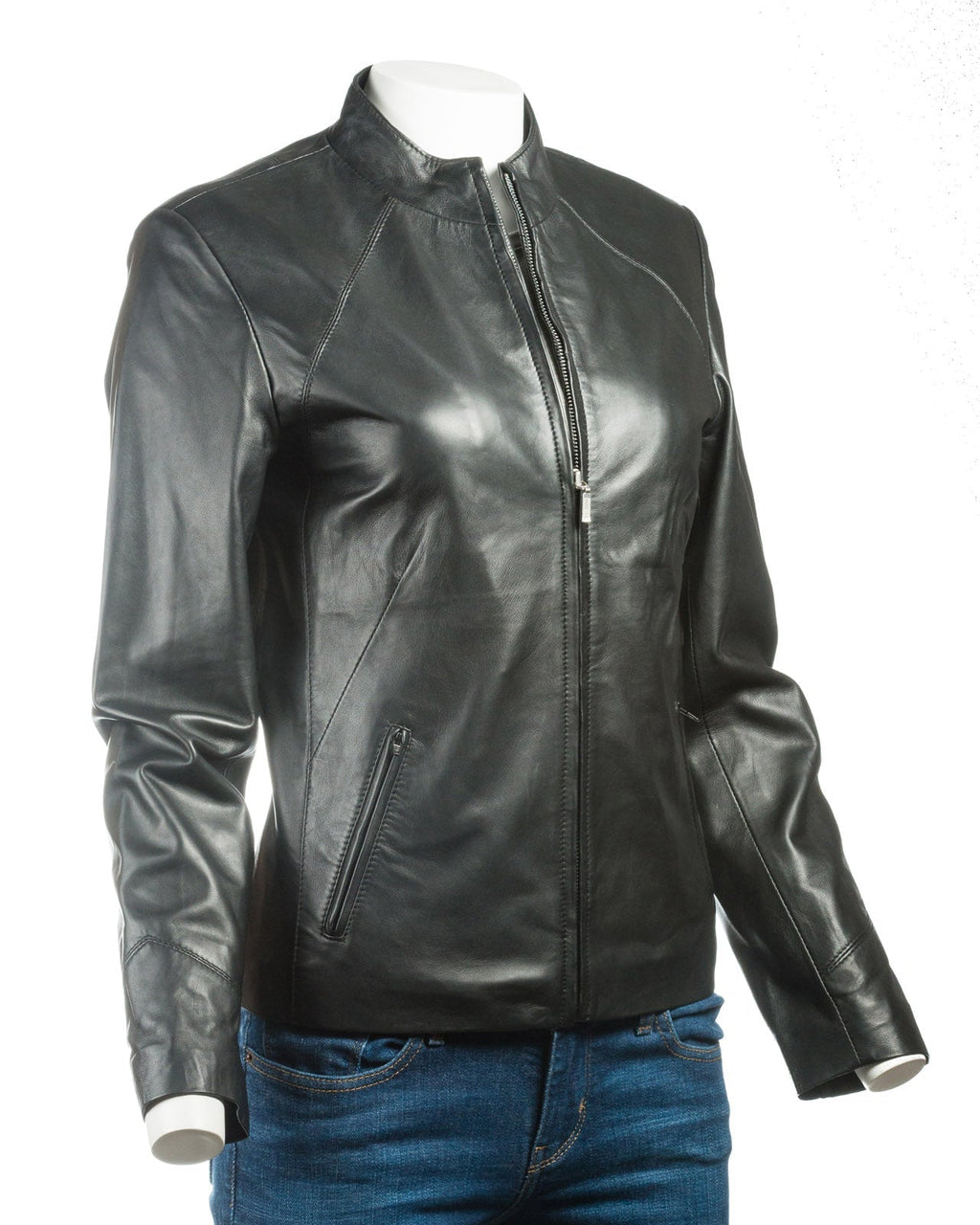 Ladies Stone Plain Short Zipped Leather Jacket: Angelina