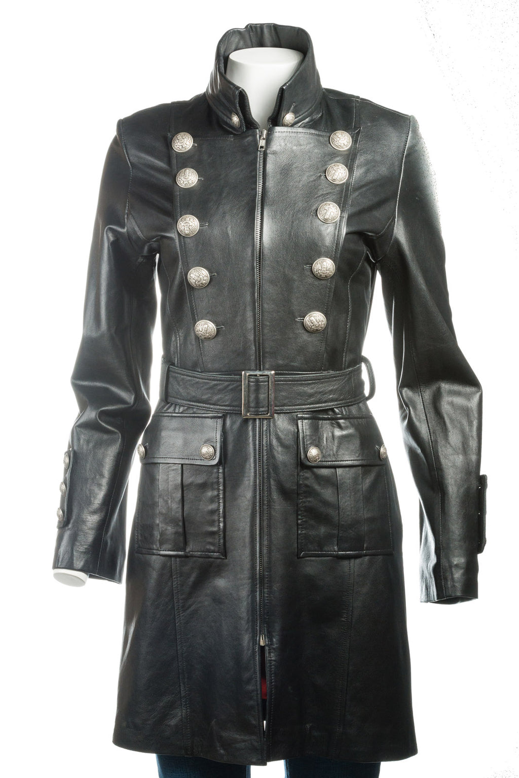 Ladies Three Quarter Length Military Style Leather Coat: Charm Exclusive Military