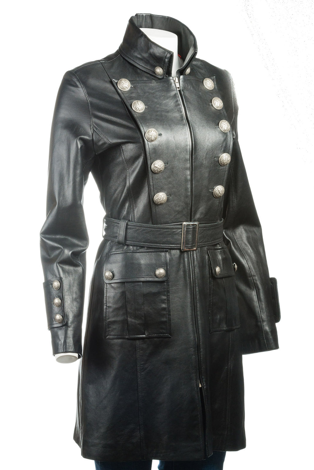 Ladies Three Quarter Length Military Style Leather Coat: Charm Exclusive Military