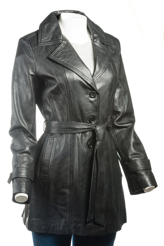 Ladies Black Mackintosh Style Leather Coat: Susanna