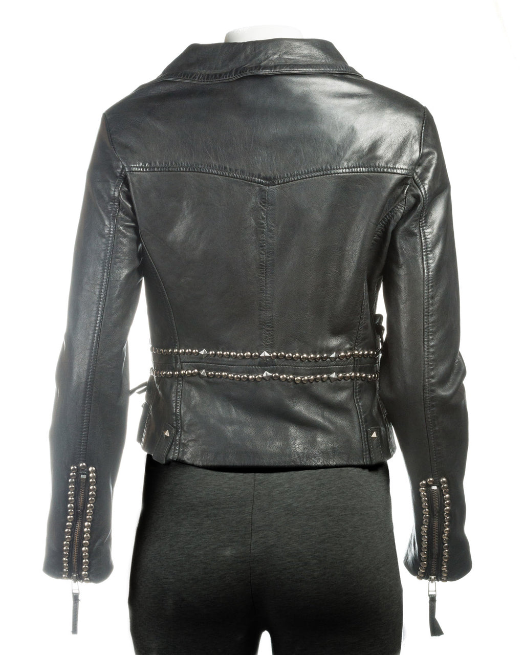 Ladies Black Corset Detail Slim Fit Biker Style Leather Jacket: Francesca
