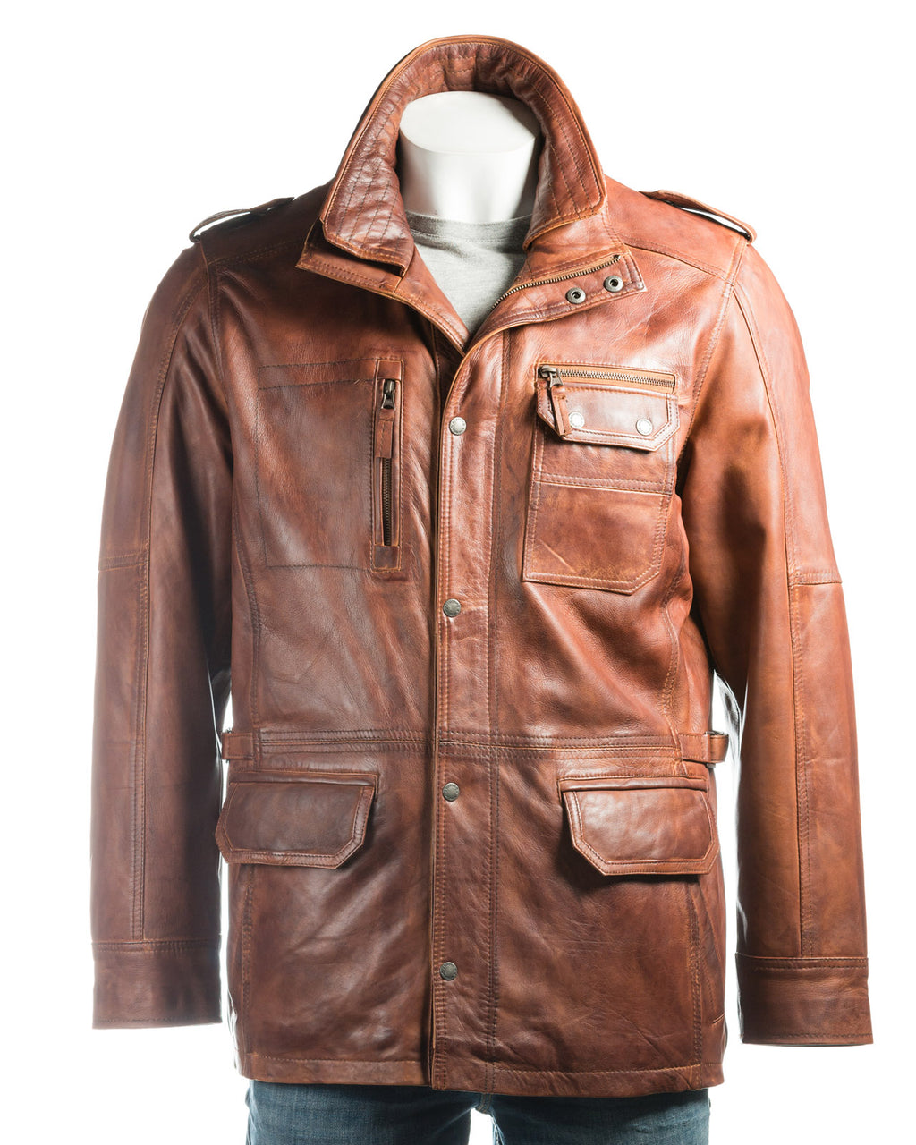 Men's Antique Cognac Double-Collared Leather Coat: Pasquale