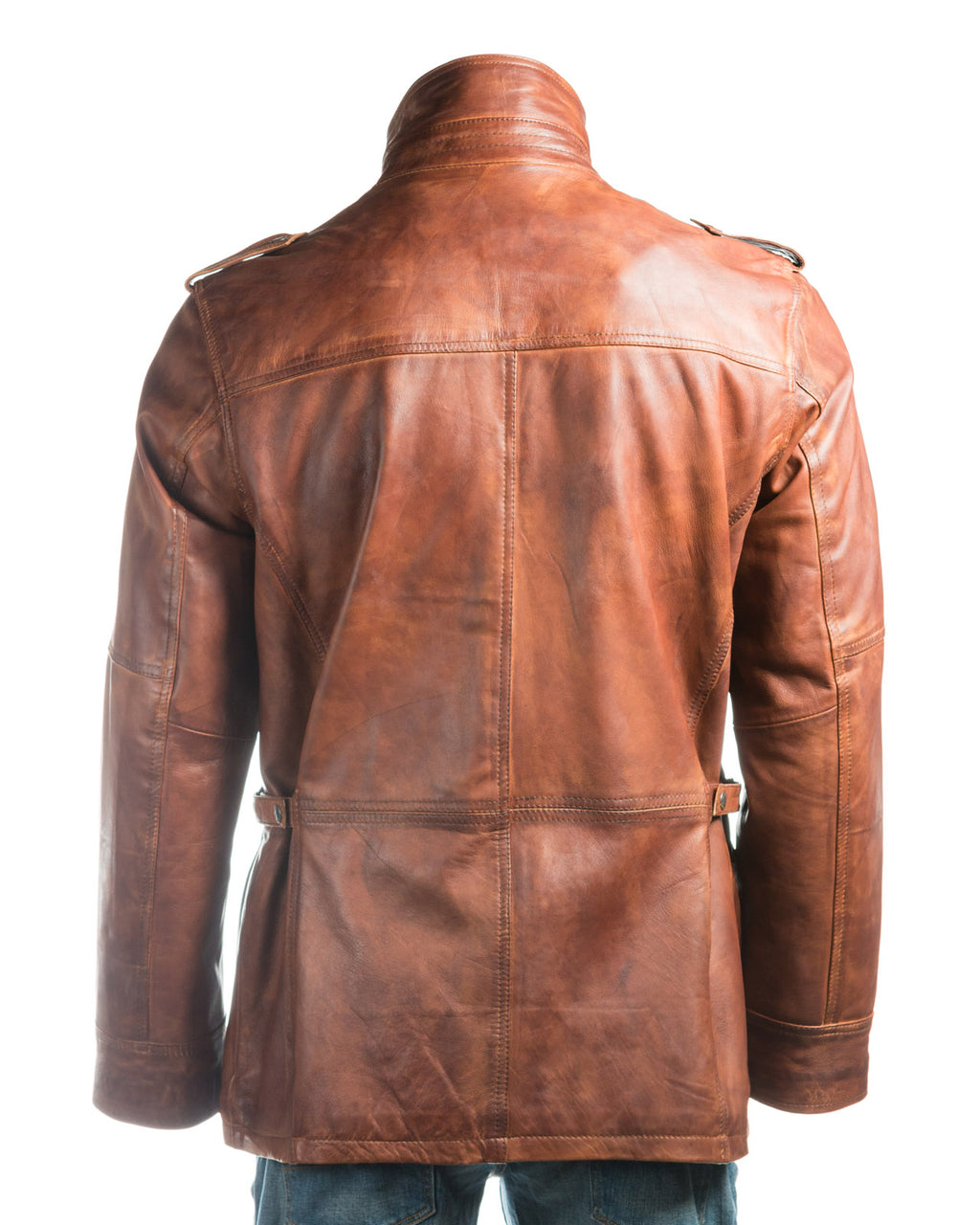 Men's Antique Cognac Double-Collared Leather Coat: Pasquale