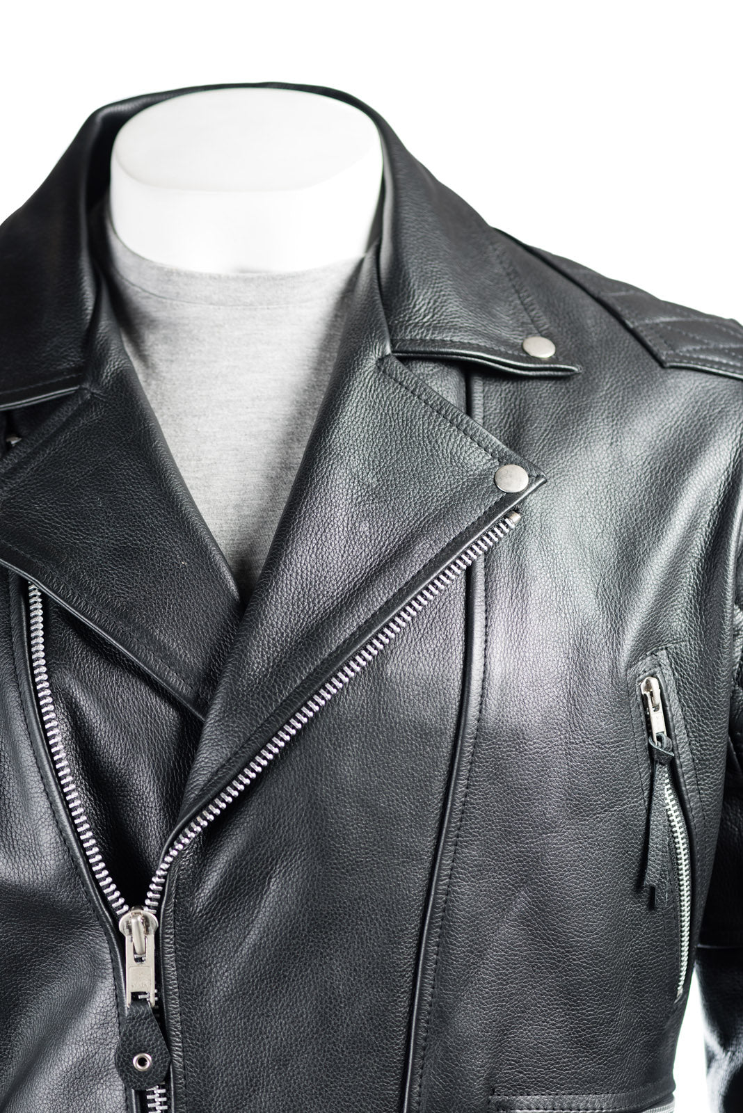 Men's Black Cow Hide Leather Biker Jacket With Diamond Stitch Shoulder Detail: Lorenzo