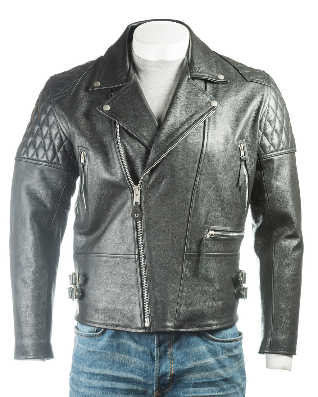 Men's Black Cow Hide Leather Biker Jacket With Diamond Stitch Shoulder Detail: Lorenzo
