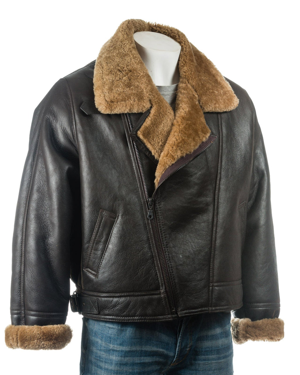 Men's Brown & Ginger Asymmetric Zip Sheepskin Aviator Pilot Flight Jacket: Vincenzo