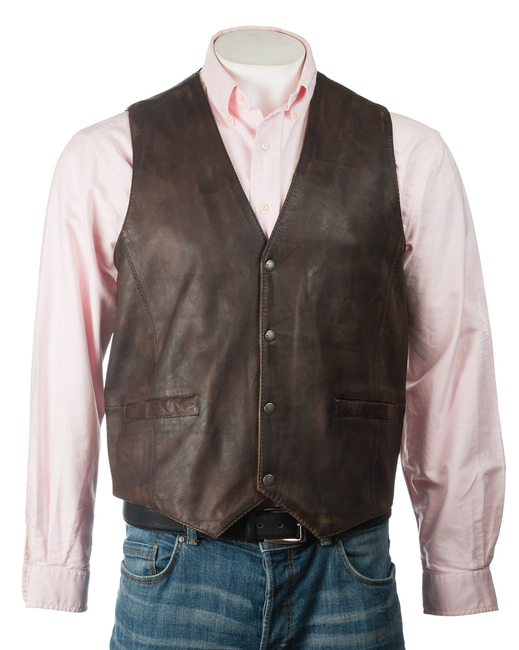 Men's Antique Brown Stud Fastening Leather Waistcoat: Ambrogio