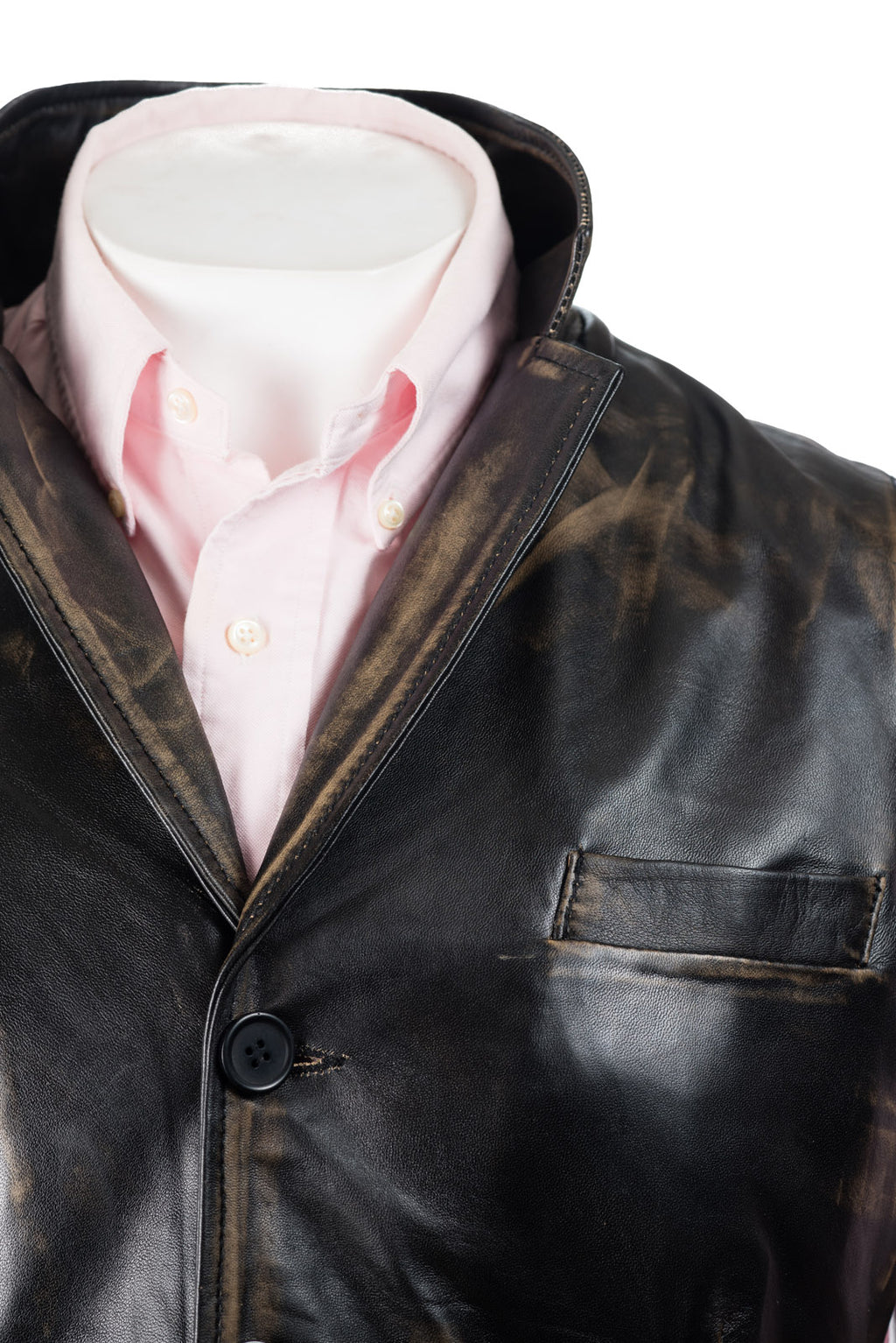 Men's Antique Black Collared Button-Up Leather Waistcoat: Aurelio
