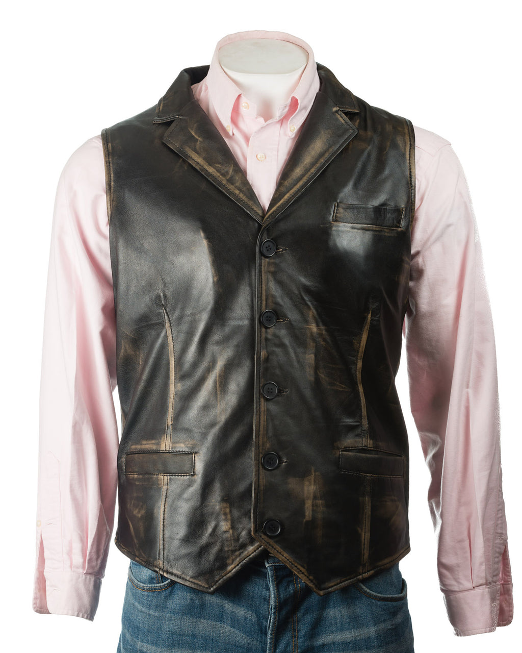 Men's Antique Black Collared Button-Up Leather Waistcoat: Aurelio