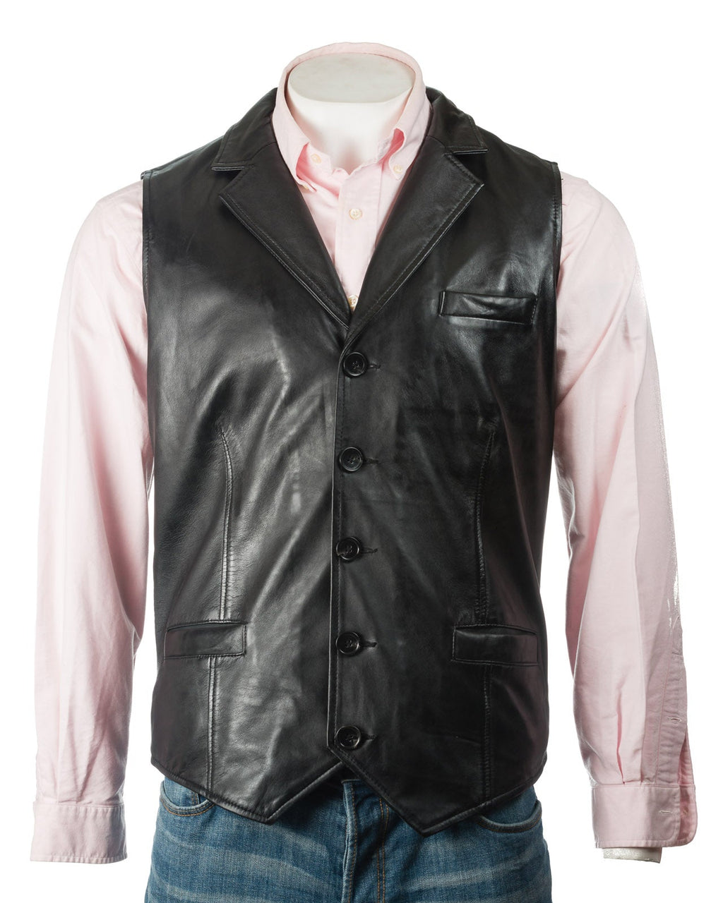 Men's Black Collared Button-Up Leather Waistcoat: Aurelio