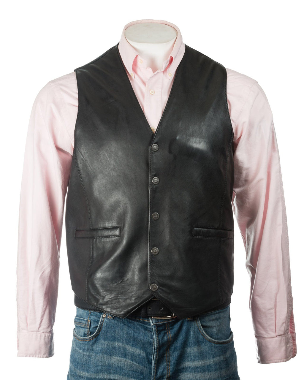 Men's Black Stud Fastening Leather Waistcoat: Ambrogio