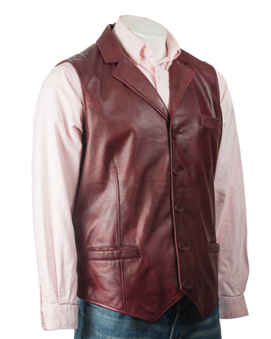 Men's Burgundy Collared Button-Up Leather Waistcoat: Aurelio