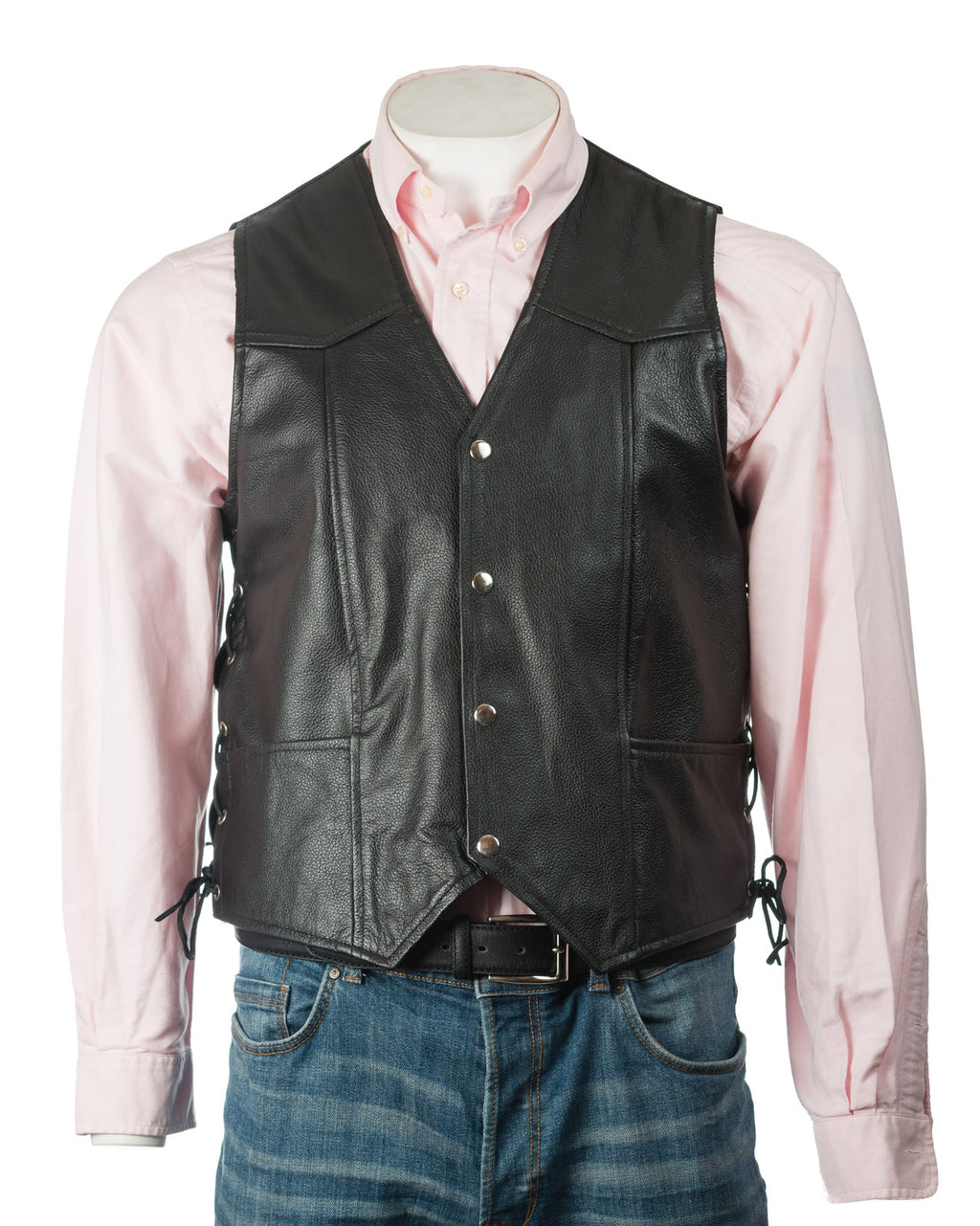 Men's Rough Finish Cow Hide Stud Fastening Leather Waistcoat With Lace-Up Sides: Giorgio
