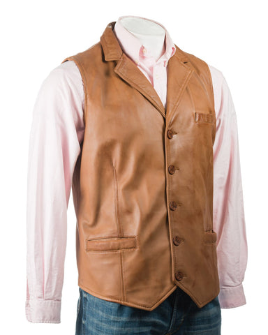 Men's Antique Cognac Collared Button-Up Leather Waistcoat: Aurelio
