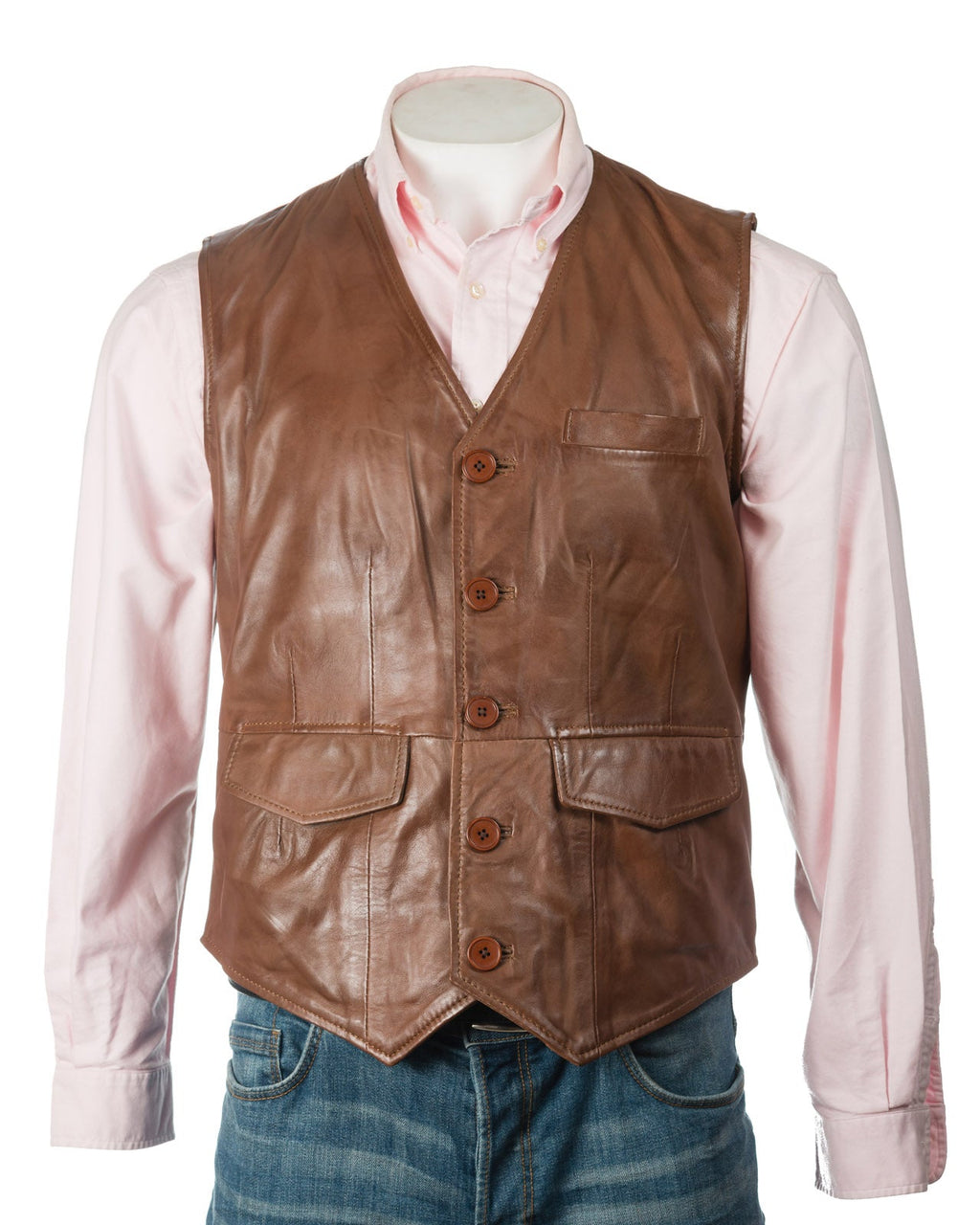 Men's Cognac Button-Up Leather Waistcoat: Amadeo