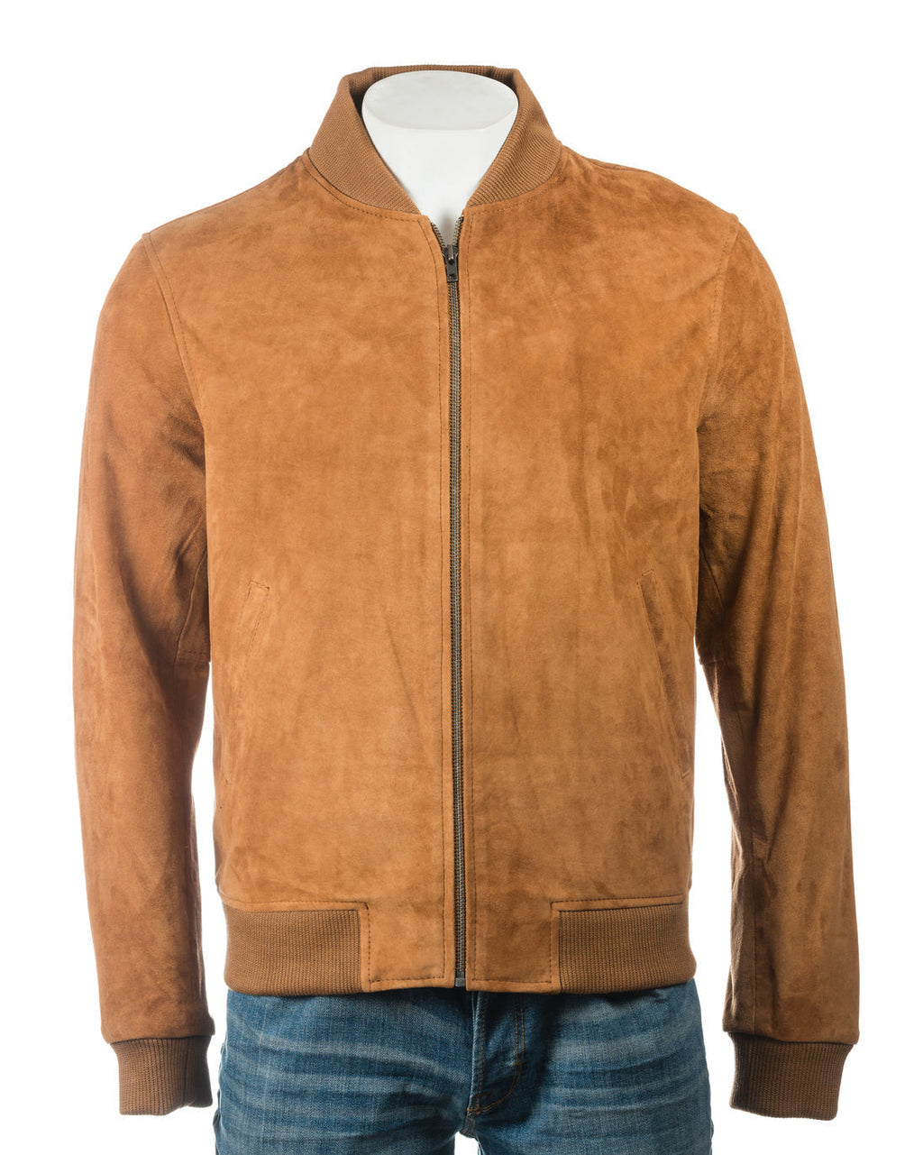 Men's Brown Rib-Knit Collar Suede Bomber: Benedict