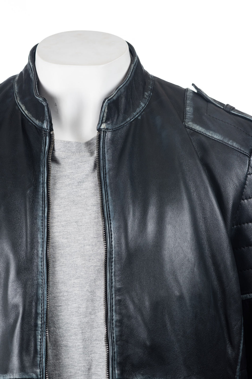 Men's Black Distressed Collarless Biker Style Leather Jacket: Uriel
