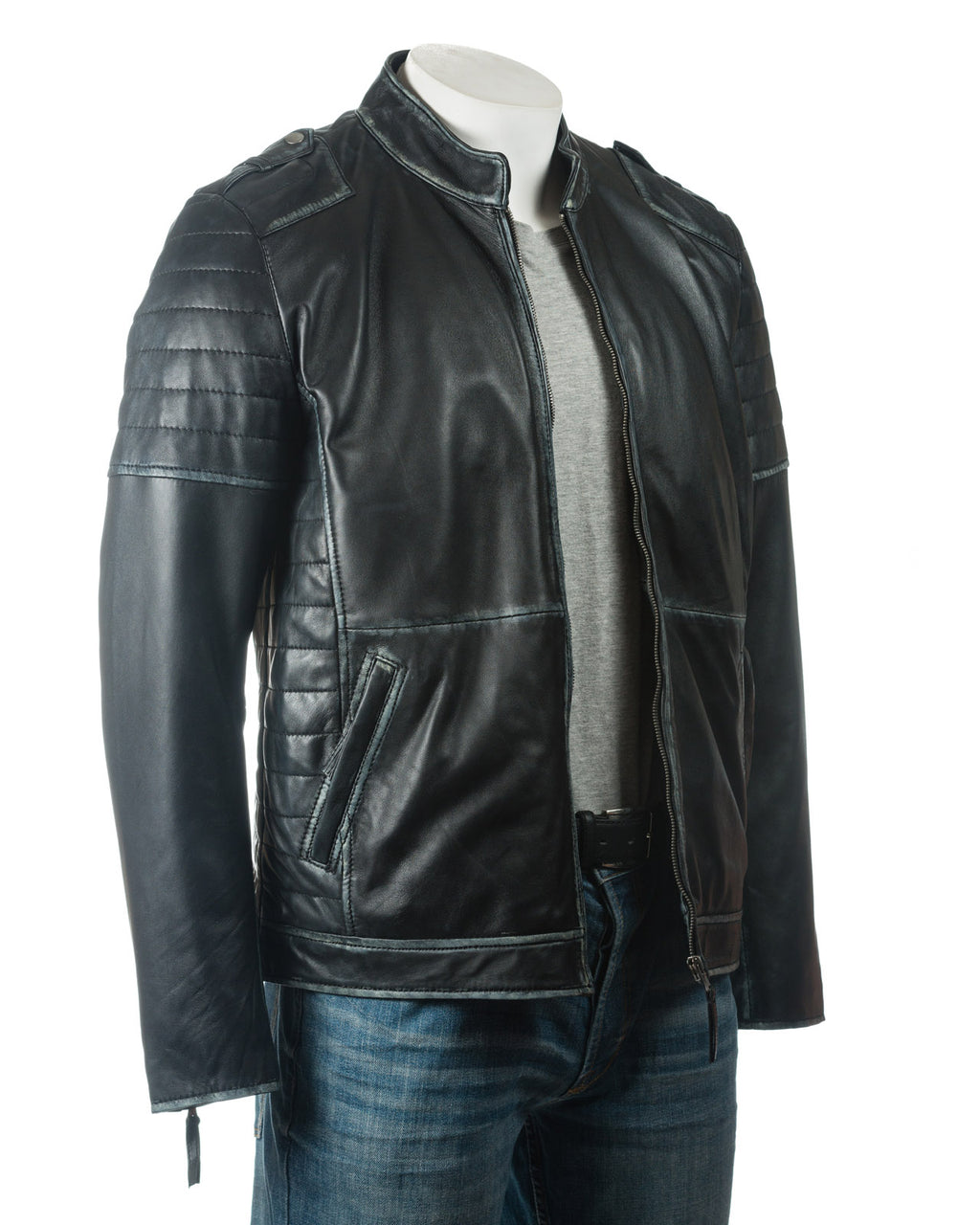 Men's Black Distressed Collarless Biker Style Leather Jacket: Uriel