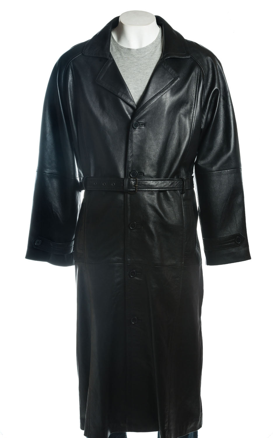 Men's Black Full Length Belted Leather Coat: Emmanuel