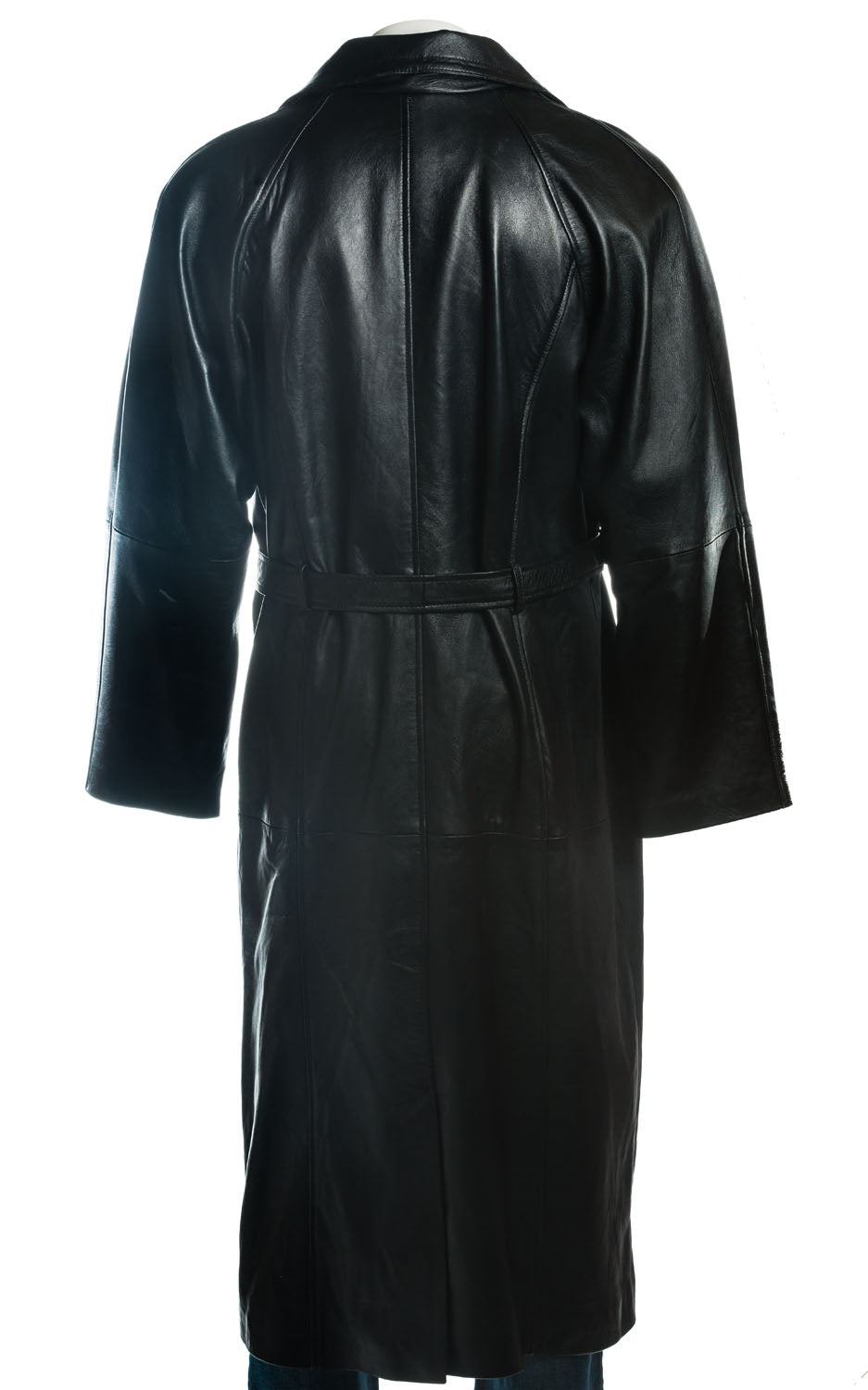 Men's Black Full Length Belted Leather Coat: Emmanuel