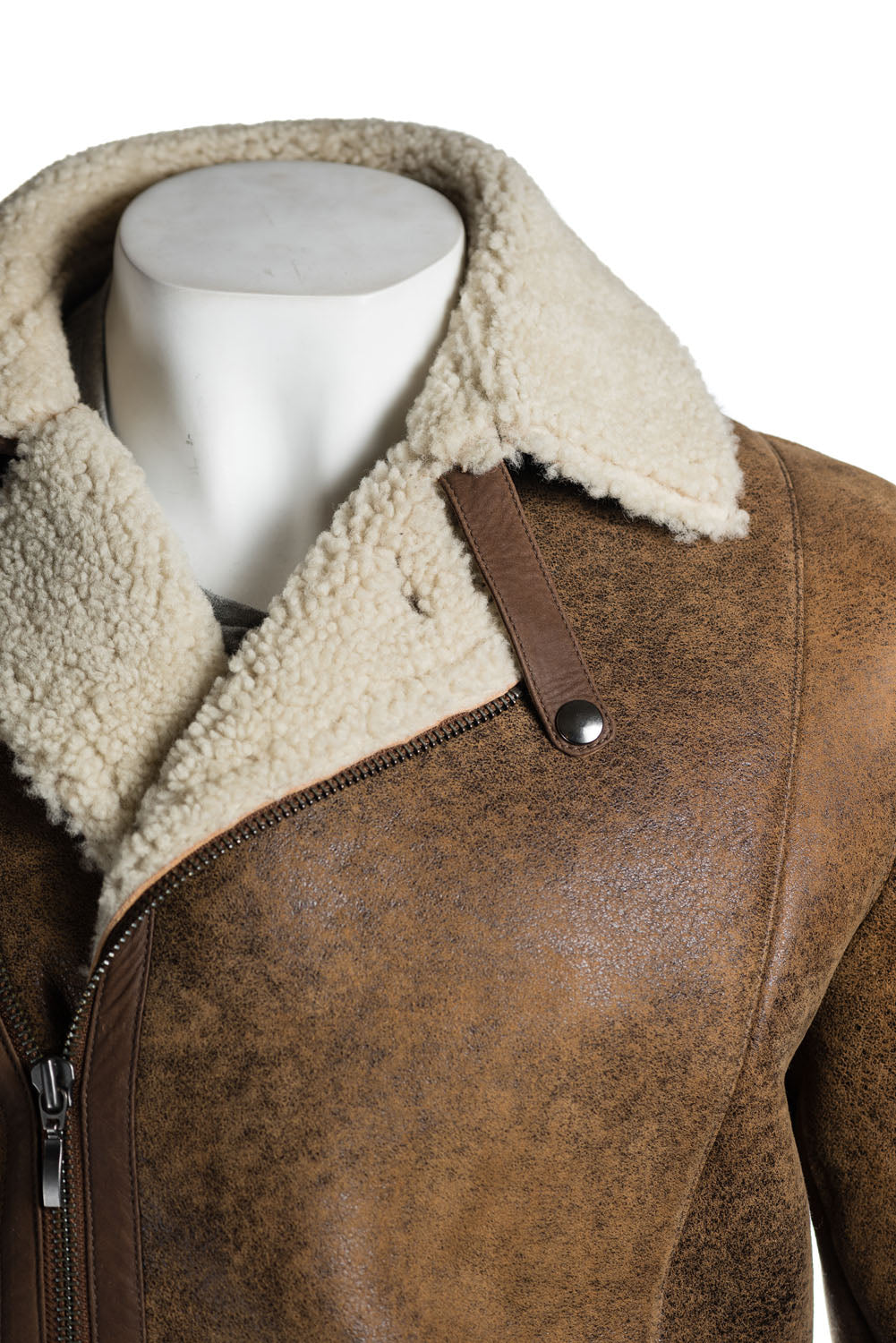 Men's Antique Cognac Shearling Sheepskin Biker Style Cross Zip Jacket: Alonso