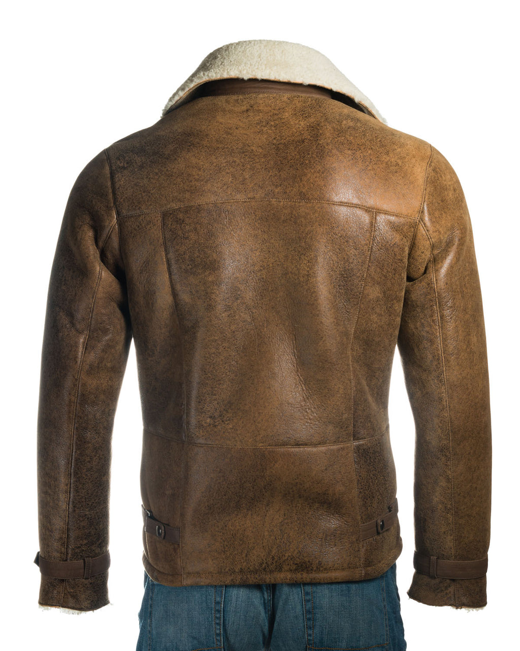 Men's Antique Cognac Shearling Sheepskin Biker Style Cross Zip Jacket: Alonso