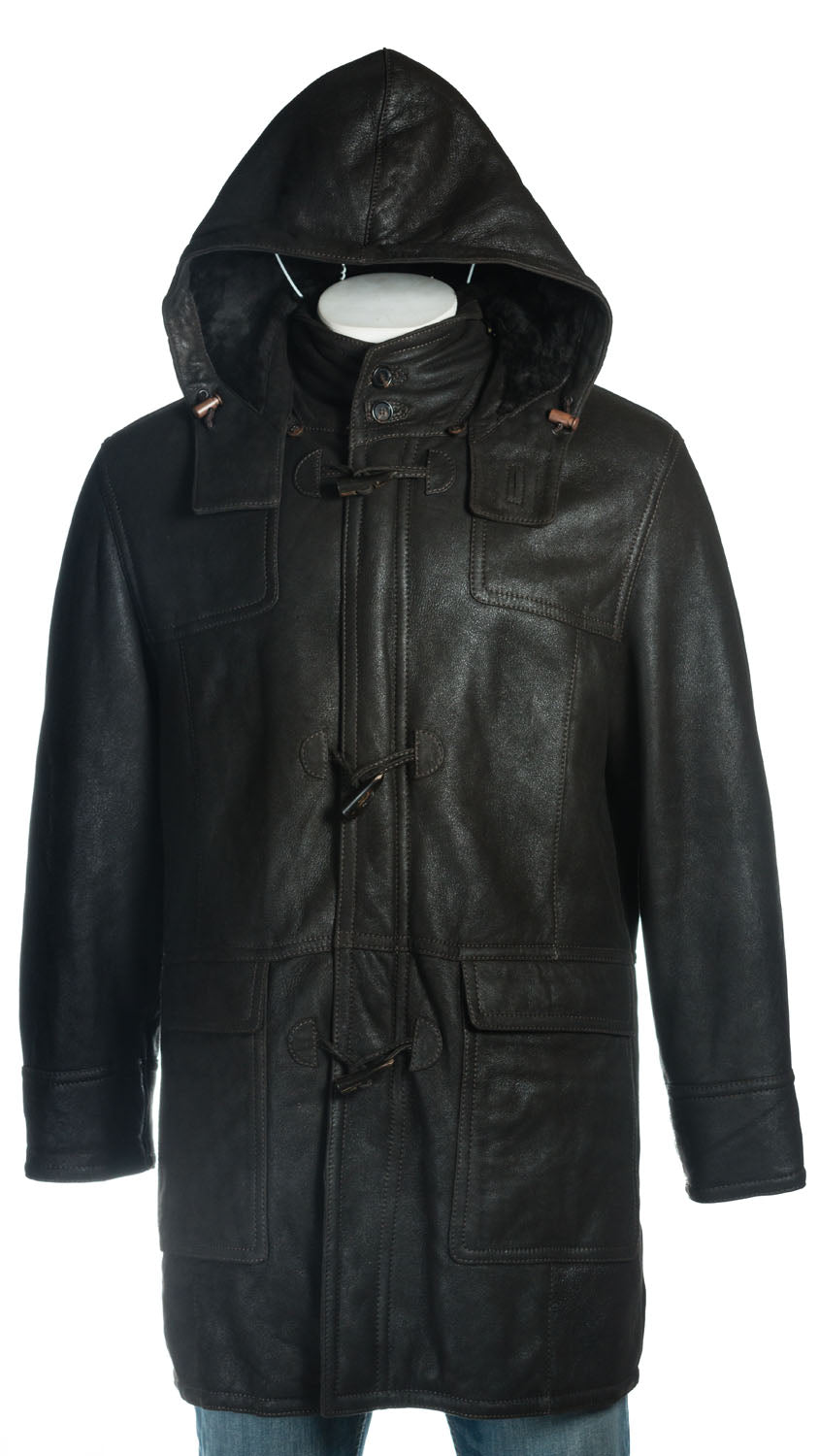 Men's Black Duffle Style Shearling Sheepskin Coat: Felipe