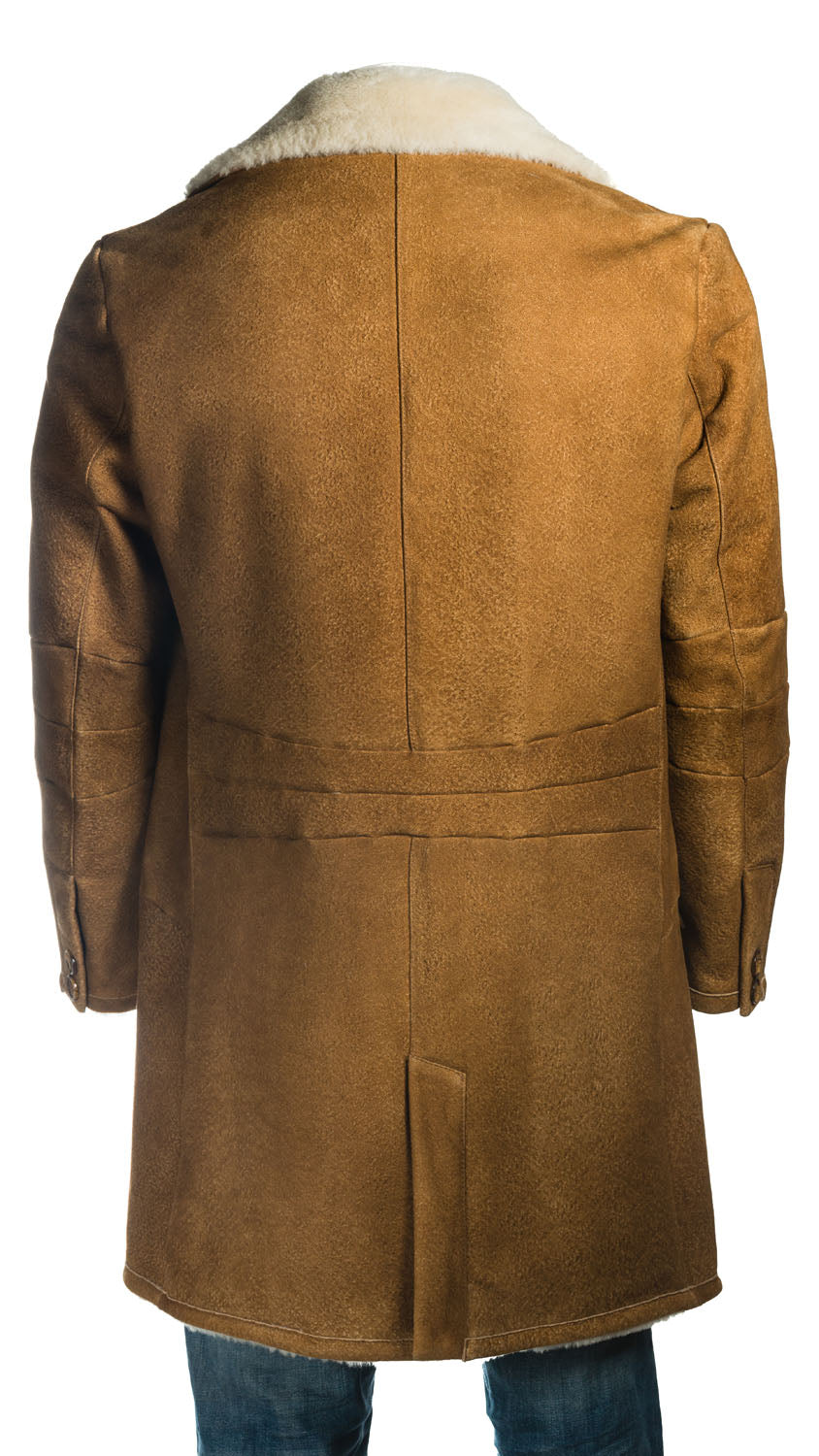 Men s Cognac Trench Style 3 4 Length Weathered Shearling Sheepskin Coa Leather Jacket Company