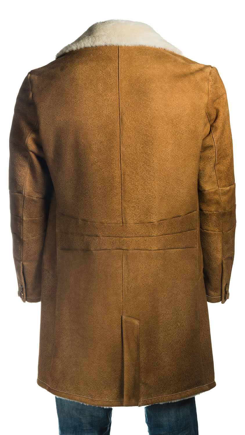 Men's Cognac Trench Style 3/4 Length Weathered Shearling Sheepskin Coat: Rodrigo