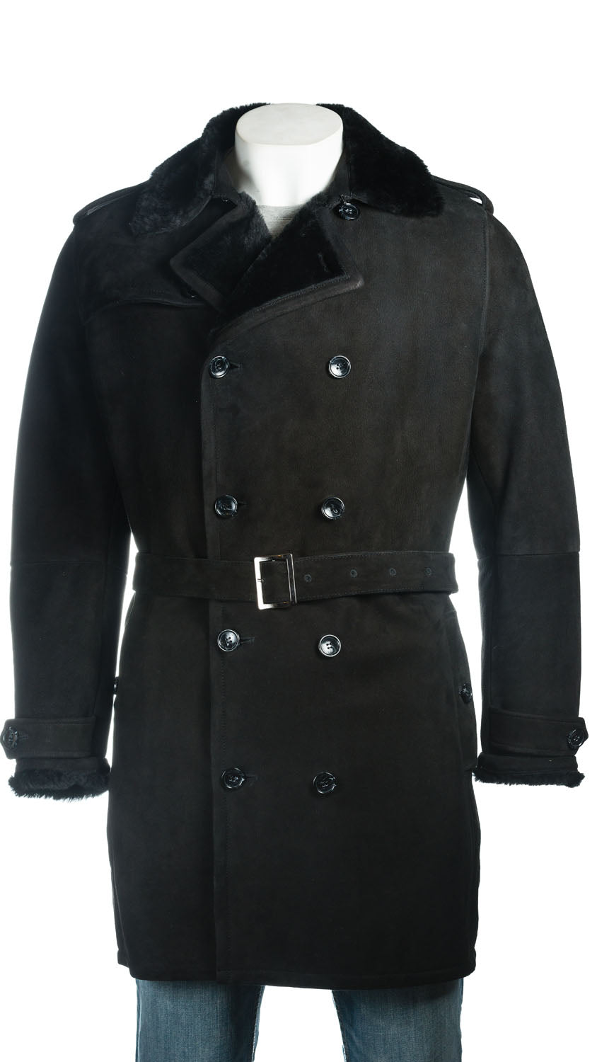 Men's Black Shearling Sheepskin 3/4 Double Breasted Button Up Suede Finish Coat: Stefano