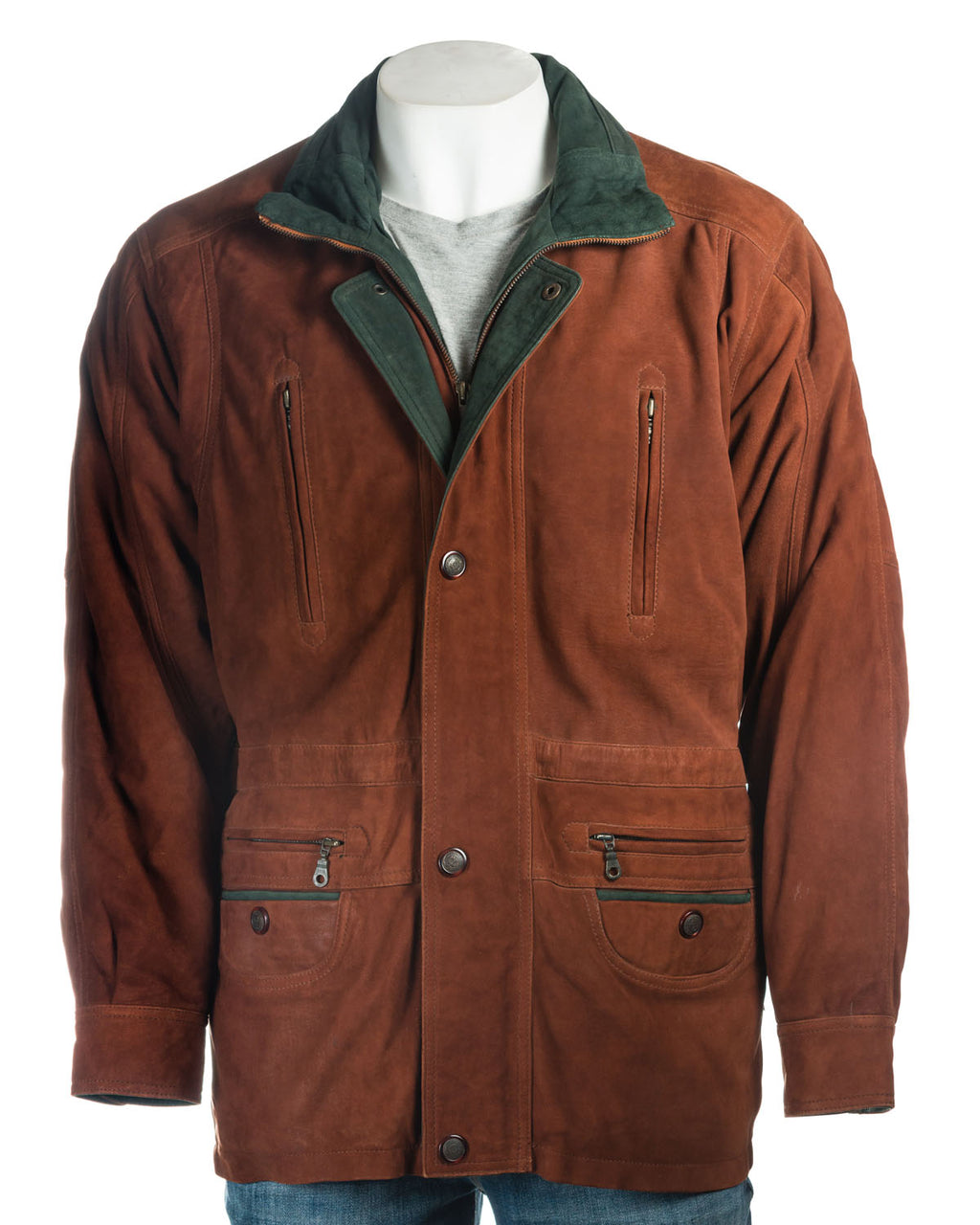 Men's Tan And Teal Nubuck Coat with Zipped Pockets: Fernando