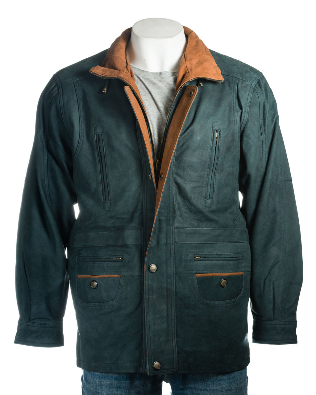 Men's Teal And Tan Nubuck Coat with Zipped Pockets: Fernando