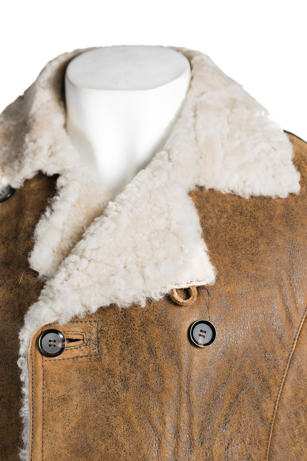 Men's Weathered Tan Double Breasted Shearling Sheepskin Button-Up Coat: Rafael