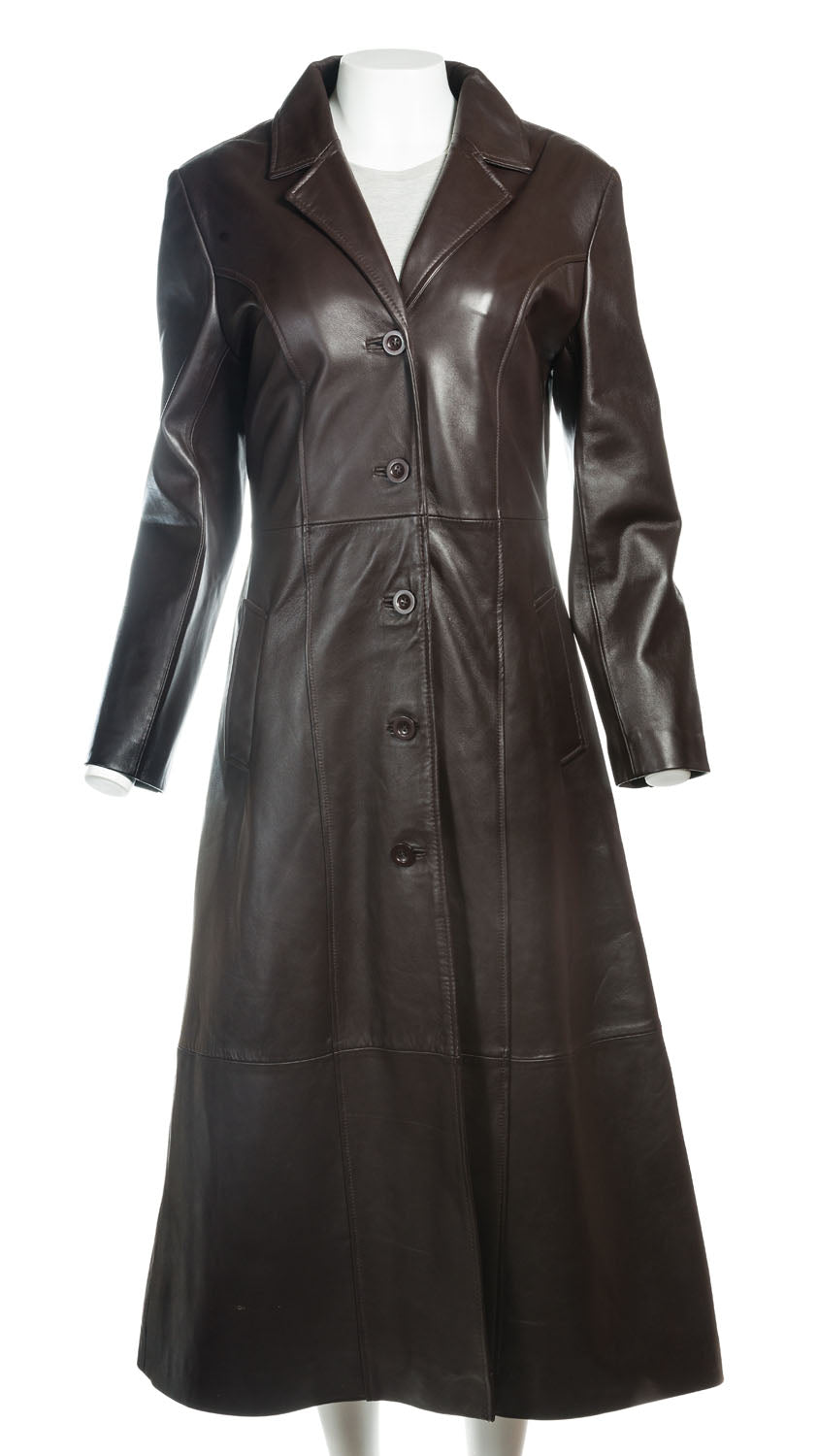 Ladies Full Length Classic Brown Leather Coat: Vita