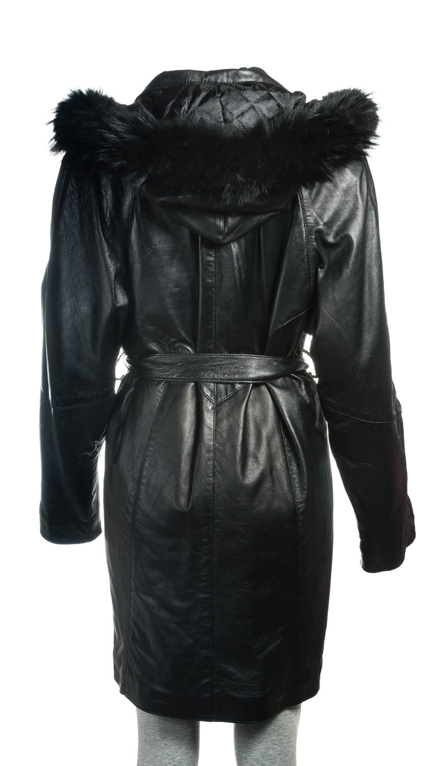 Ladies Black Belted Full Length Coat with Detachable Lining and Fur Trimmed Hood: Valentina