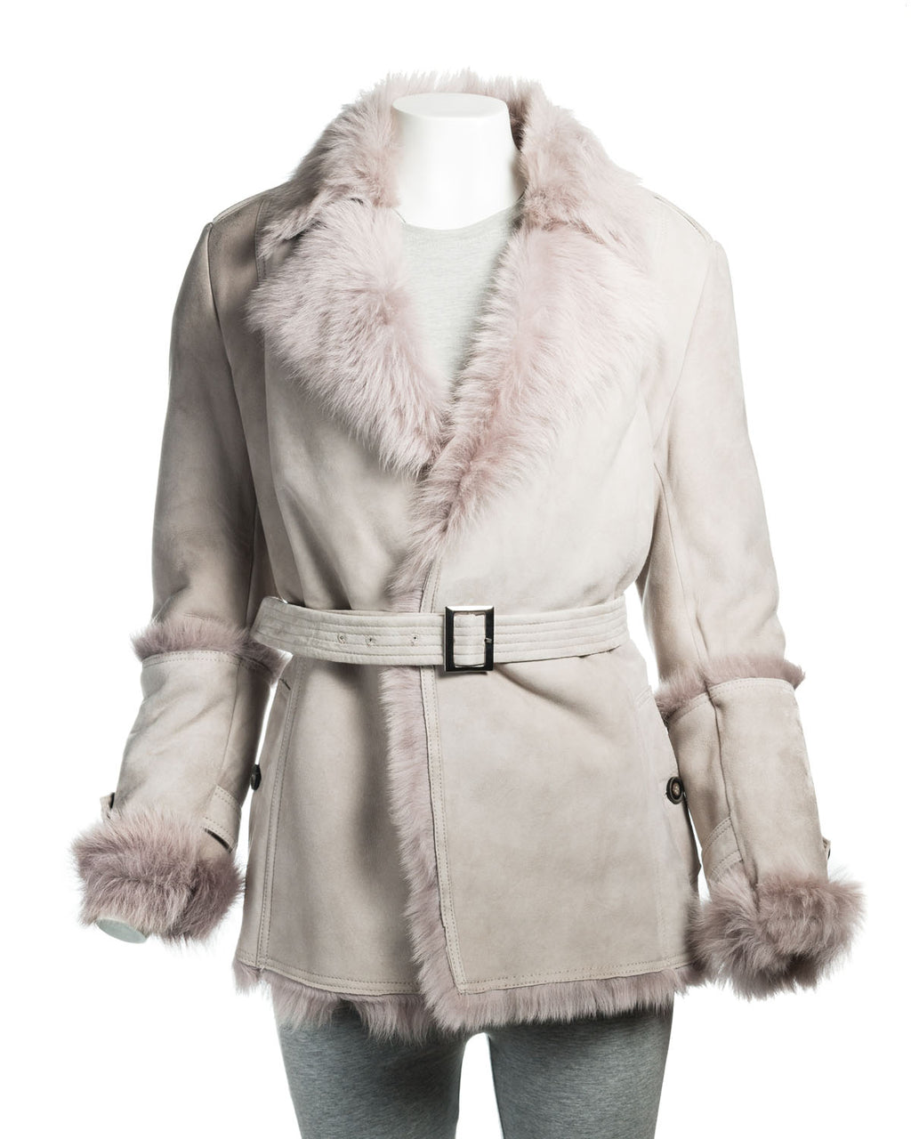 Ladies Grey Belted Wrap-Around Toscana Sheepskin Coat: Vincenza
