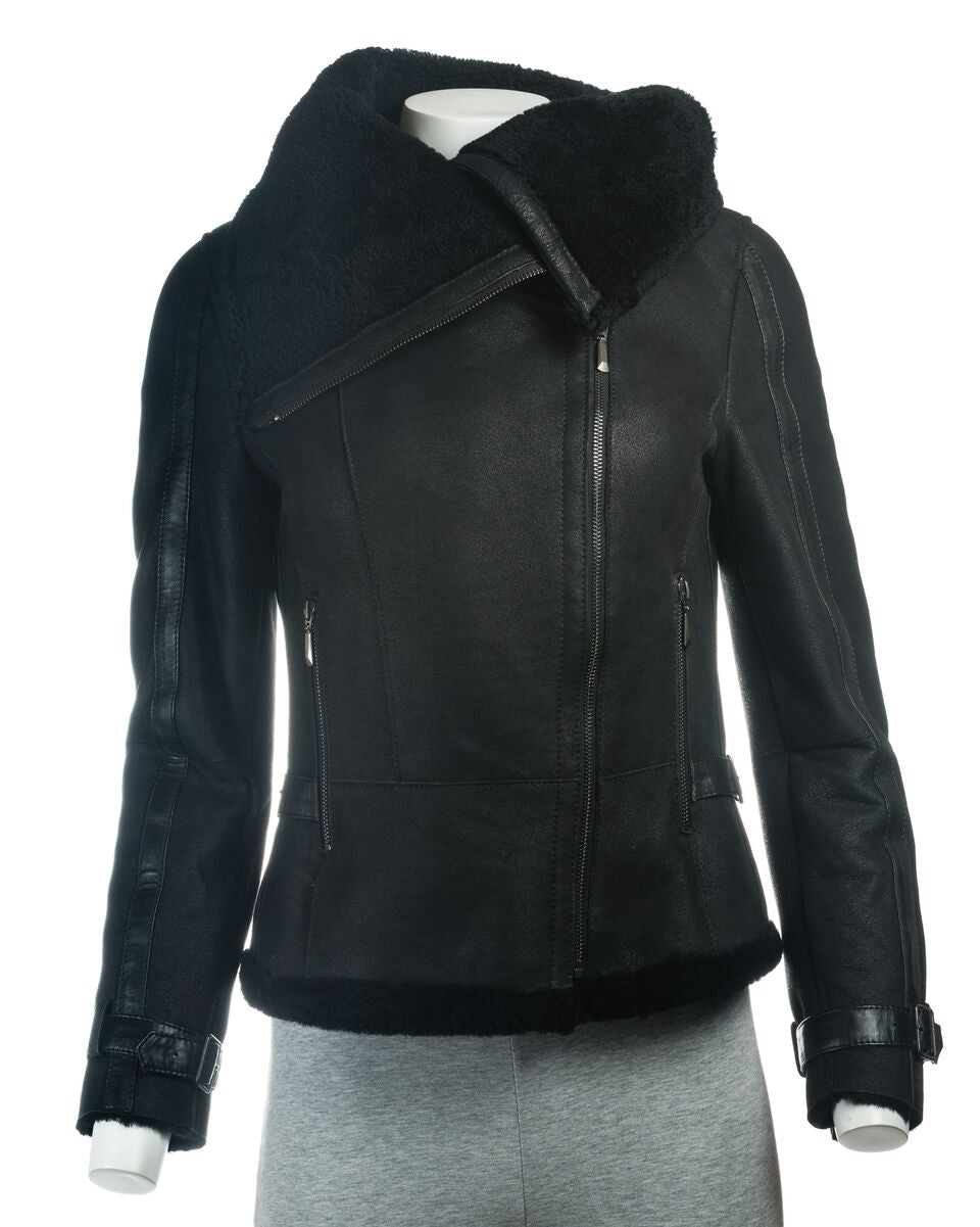 Ladies Black Sheepskin Jacket With Oversized Collar: Rita